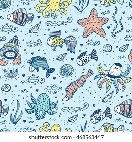 Hand Drawn Doodle Cute Sea Animals Seamless pattern. Various Fish, Octopus, Crab, Starfish -  Vector background