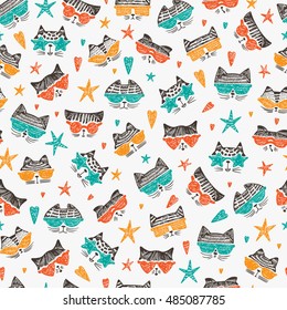 Hand Drawn Doodle Cute Stylish Trendy Hipster Cats with Sunglasses Vector Seamless pattern