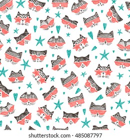 Hand Drawn Doodle Cute Stylish Trendy Hipster Cats with Sunglasses Vector Seamless pattern