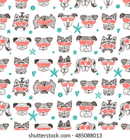 Hand Drawn Doodle Cute Stylish Trendy Hipster Dogs with Sunglasses Vector Seamless pattern