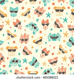 Hand Drawn Doodle Cute Stylish Trendy Hipster Dogs with Sunglasses Vector Seamless pattern