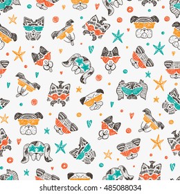 Hand Drawn Doodle Cute Stylish Trendy Hipster Dogs with Sunglasses Vector Seamless pattern