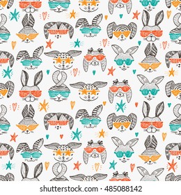 Hand Drawn Doodle Cute Stylish Trendy Hipster Rabbits with Sunglasses Vector Seamless pattern