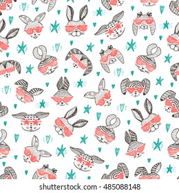 Hand Drawn Doodle Cute Stylish Trendy Hipster Rabbits with Sunglasses Vector Seamless pattern