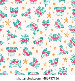 Hand Drawn Doodle Cute Stylish Trendy Hipster Dogs with Sunglasses Vector Seamless pattern
