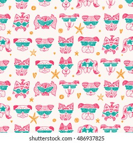 Hand Drawn Doodle Cute Stylish Trendy Hipster Dogs with Sunglasses Vector Seamless pattern
