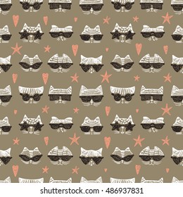 Hand Drawn Doodle Cute Stylish Trendy Hipster Cats with Sunglasses Vector Seamless pattern