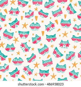 Hand Drawn Doodle Cute Stylish Trendy Hipster Cats with Sunglasses Vector Seamless pattern