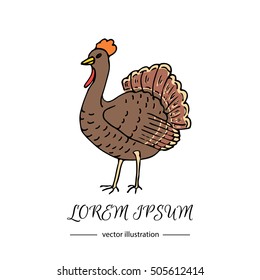 Hand drawn doodle cute Turkey icon. Vector illustration isolated autumn holiday symbol collection. Cartoon celebration element: bird, farm bird animal, Vector farm animal. Turkey vector illustration.