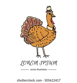 Hand drawn doodle cute Turkey icon. Vector illustration isolated autumn holiday symbol collection. Cartoon celebration element: bird, farm bird animal, thanksgiving celebration funny hat and collar.