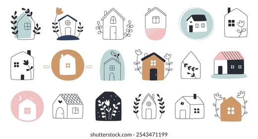 Desenhado à mão doodle bonito aldeia casas apartamento edifício logotipo exterior. Conjunto de ilustrações isoladas do vetor do símbolo da propriedade residencial. Habitação confortável, conceito de arquitetura de bairro amigável