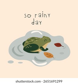 Hand drawn doodle cute weather vector illustration. Simple autumn card design ideal for rainy season projects, poster, greeting card and seasonal decor. Umbrella, rain, puddle and frog