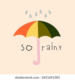 Hand drawn doodle cute weather vector illustration. Simple autumn card design ideal for rainy season projects, poster, greeting card and seasonal decor. Umbrella, rain, puddle and frog