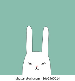 Doodle dibujado a mano linda conejita blanca de Pascua con divertida expresión facial en fondo turquesa. Saludo de vacaciones  