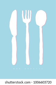 Hand drawn doodle cutlery. Vector fork, spoon and knife illustration  