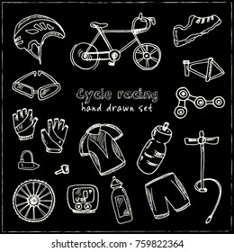Hand drawn doodle cycle racing set. Vector illustration. Isolated elements on chalkboard background. Symbol collection.