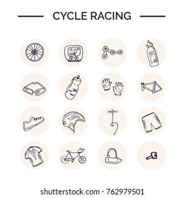 Hand drawn doodle cycle racing set. Vector illustration. Isolated elements Symbol collection.