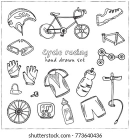 Hand drawn doodle cycle racing set. Vector illustration. Isolated elements on white background. Symbol collection.