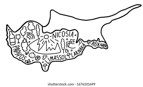 Hand drawn doodle Cyprus map. city names lettering and cartoon landmarks, tourist attractions cliparts. travel, trip comic infographic poster, banner concept design. 