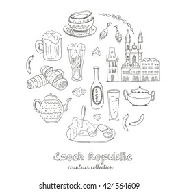 Hand drawn doodle Czech Republic travel set.  Sketchy Icons set. Travel Collection. Isolated vector illustration.