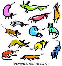 Hand drawn doodle dachshund dogs. Illustration set with playing sniffing, sitting, standing, running pets. Artistic canine vector colorful ink characters 