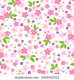 Hand drawn doodle delicate flowers. Seamless pattern of tiny pink cherry blossom on pale pink background