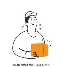 hand drawn doodle delivery courier person holding package box illustration