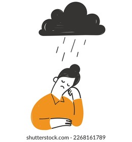 doodle dibujado a mano depresión o estrés mujer con nube de lluvia ilustración