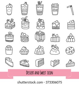 Hand drawn doodle deserts set vector illustration. Sketchy sweet food icons collection. Isolated desert symbols on white background. Ice cream, tiramisu, cake, cheesecake, cupcakes, pudding, donuts.