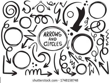 hand drawn doodle design circles elements. Hand drawn arrows, frames, borders, icons and symbols. Cartoon style infographics white background isolated abstract elements.