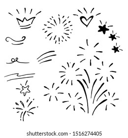 Hand Drawn Of Doodle Design Element. Curly Swishes, Swoops, Swirl, Arrow, Heart, Love, Crown, Star And Emphasis Element. Use For Concept Design. Vector Illustration