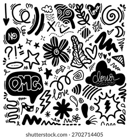 Hand drawn doodle design element, firework, flower, clouds, heart, leaves, star and other,