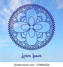 Hand drawn doodle design element on blurred sky background. Abstract backdrop, card, invitation, logo, brochure or bag design Vector illustration. Blue sky with clouds.
