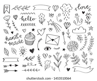 Hand drawn doodle design elements. Cute vectors in cartoon style. Laurel, arrow, stars, heart, crown, hello, love, cloud, ribbon, flower, hand made. Kids vector doodles.