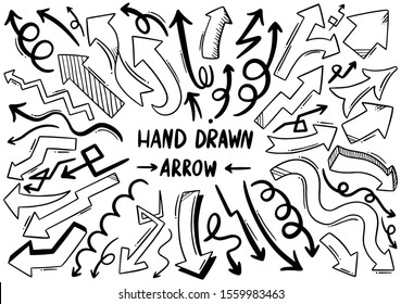 hand drawn doodle design elements. Hand drawn arrows, frames, borders, icons and symbols. Cartoon style infographics elements.
