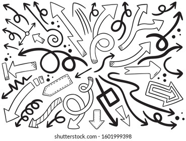 hand drawn doodle design elements. Hand drawn arrows, frames, borders, icons and symbols. Cartoon style infographics elements.