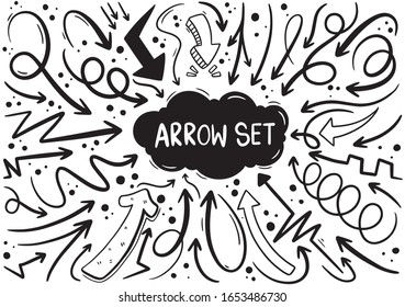 hand drawn doodle design elements. Hand drawn arrows, frames, borders, icons and symbols. Cartoon style infographics elements.