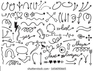hand drawn doodle design elements. Hand drawn arrows, frames, borders, icons and symbols. Cartoon style infographics elements. white background.