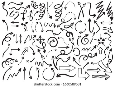 hand drawn doodle design elements. Hand drawn arrows, frames, borders, icons and symbols. Cartoon style infographics elements. white background.