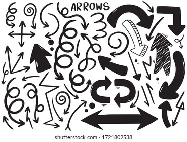 hand drawn doodle design elements. Hand drawn arrows, frames, borders, icons and symbols. Cartoon style infographics elements. white background.