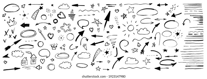 Hand drawn doodle design elements, black on white background. Swishes, swoops, emphasis, Arrow, crown, brush stroke. doodle sketch design elements