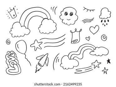 Hand drawn doodle design elements, black on white background. wind,rainbow, emphasis, rain, crown, star, rocket. doodle sketch design elements