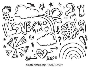 Hand drawn doodle design elements, love, cloud, swoops, emphasis, Arrow, crown, line, hill. doodle sketch design elements.
