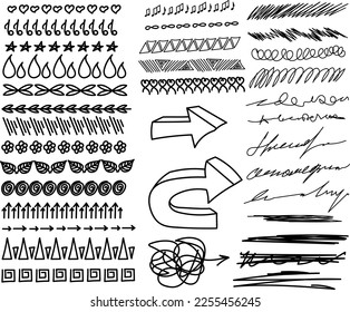 Hand drawn doodle design elements, black on white background. Swishes, swoops, emphasis, Arrow, crown, brush stroke. doodle sketch design elements