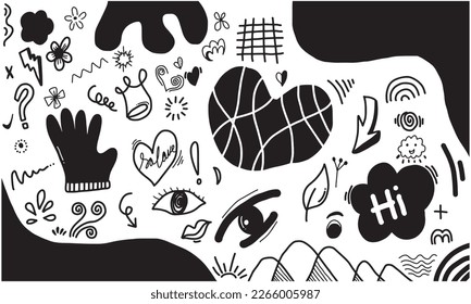 Hand drawn doodle design elements, black on white background. cloud, stars, emphasis, Arrow, crown. doodle sketch design elements.