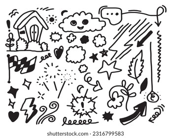 Hand drawn doodle design elements, black on white background. wind, thunderbolt, emphasis, Arrow, house, star, cloud. doodle sketch design elements