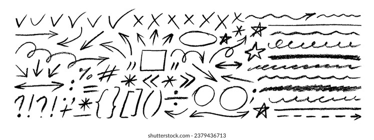 Hand drawn doodle design elements, charcoal or pencil drawn punctuation marks. Vector rough highlight, underline, sketchy doodle arrows collection. Thin texture frames, ticks, crosses and stars.