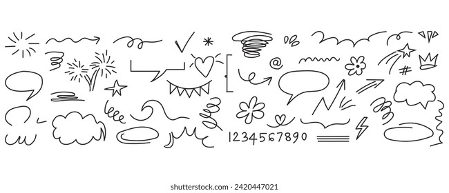 Hand drawn doodle design elements Sketch underline, emphasis, arrow shape set. brush stroke, highlight, speech bubble, underline, sparkle element. Vector illustration.