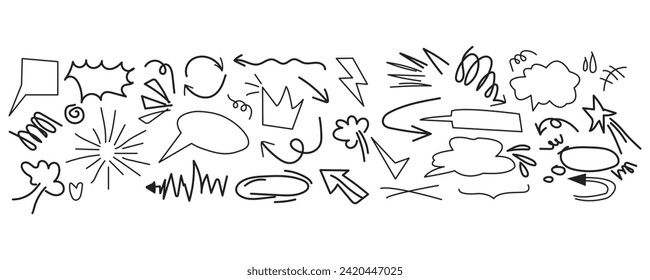Hand drawn doodle design elements, black on white background.  highlight, speech bubble, Swishes, swoops, emphasis, Arrow, crown, brush stroke. doodle sketch design elements