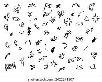 Hand drawn doodle design elements, black on white background. Doodle heart, arrow, star, sparkle decoration symbol set icon. symbols, cute decorative brush stroke lines sketch pen design elements